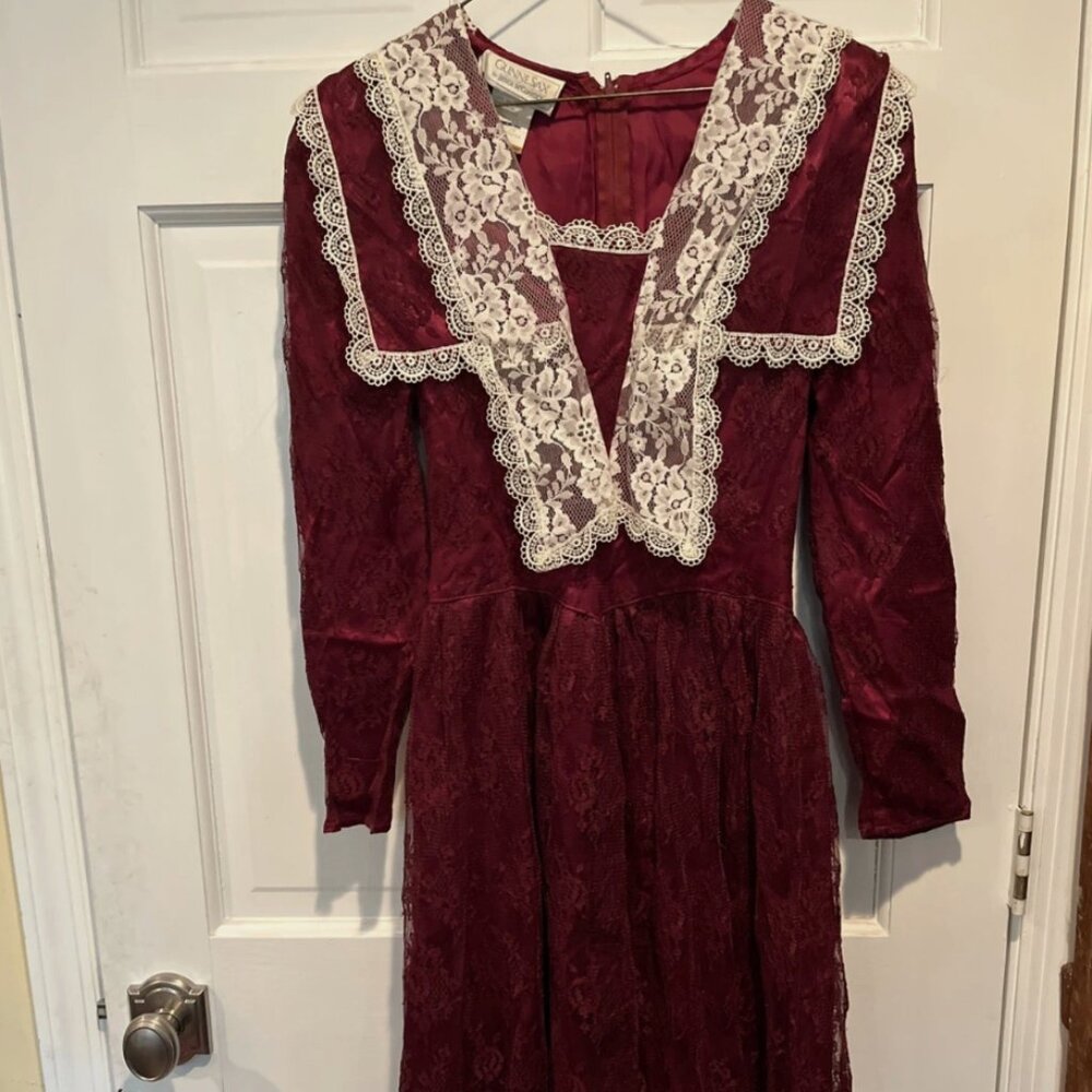 Gunne Sax Red Maroon Lace Collar Size 5 Vintage Prairie 1980s Dress
